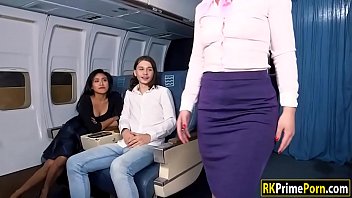 Skinny stewardess is like a total slut hooking up with a tough businessman on a plane