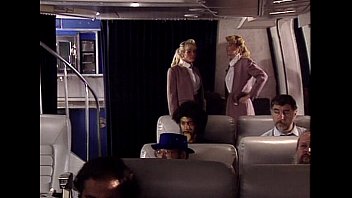 Air hostesses with hairy pussies practice lesbian sex on board